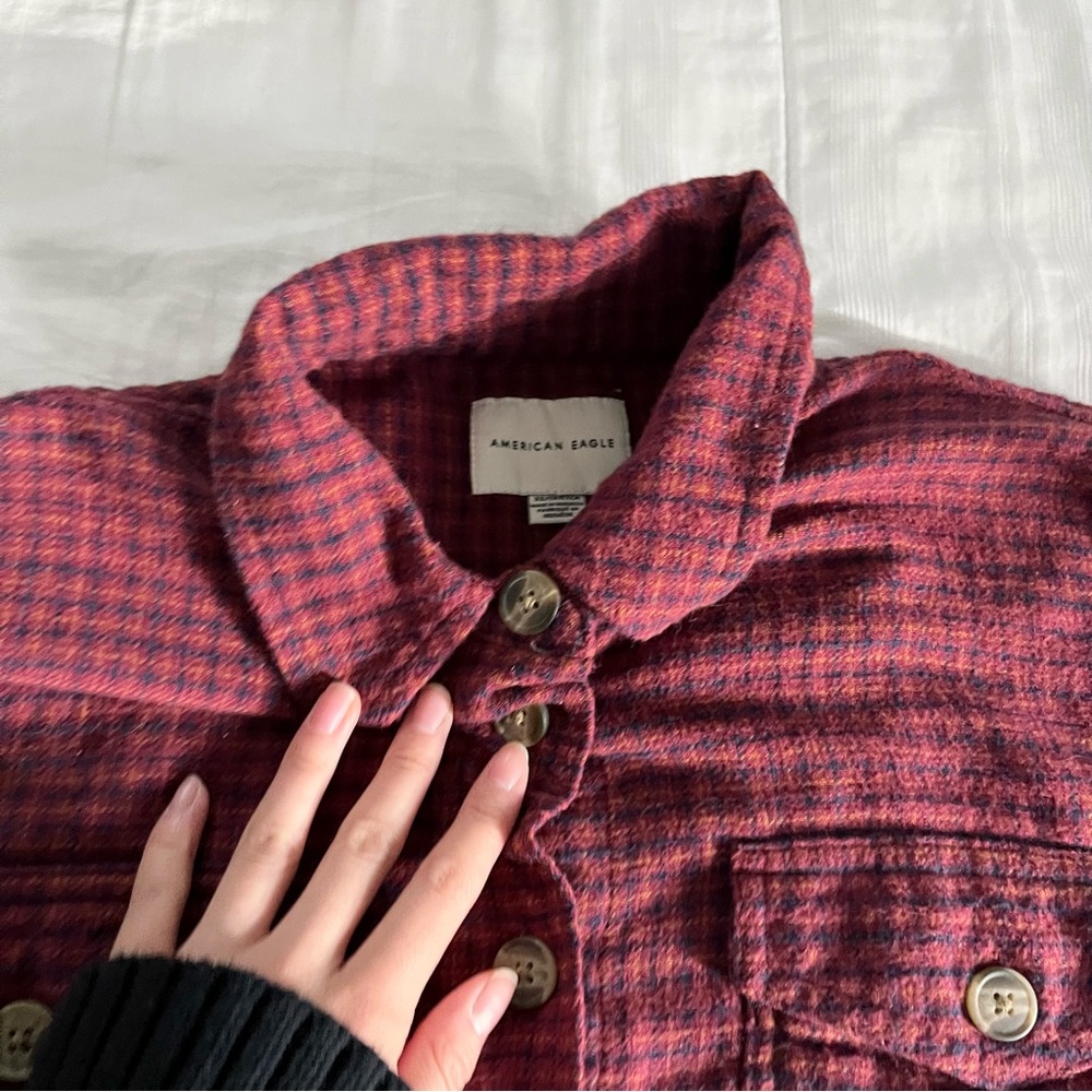 American Eagle Cropped Burgundy Plaid Shirt